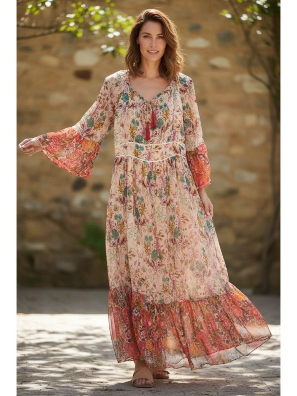 Kyra Floral Boho Bell Sleeves Long Sundress Small Semi Sheer Festival Coastal